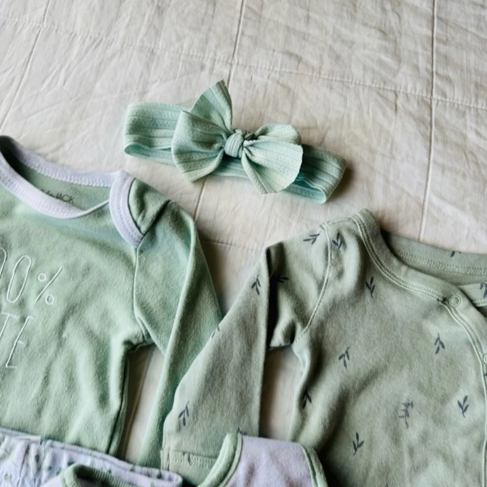 Baby Girl 9 piece set 3-6 Bundle Clothing Sets Lot Fuzzy Jacket Biege Sage Green